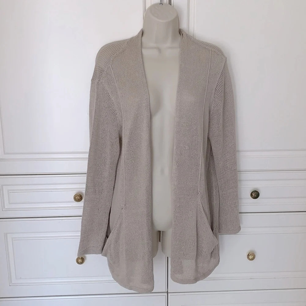 J. Jill size large p open loose knit tan beige linen blend open cardigan pockets